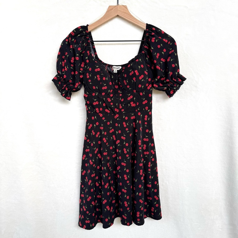 Inspired Hearts Black & Red Cherry Printed Mini Dress